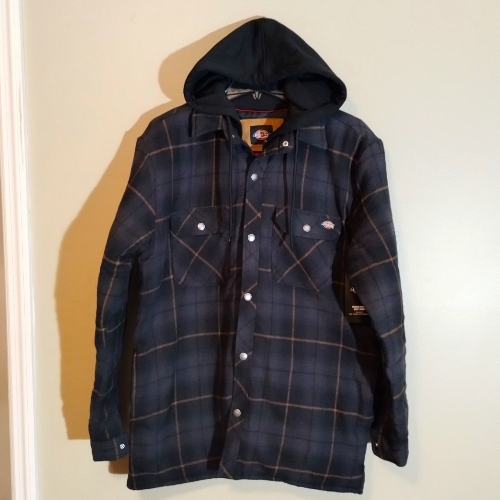 Men's Dickies Water Repellent Flannel Hooded Shirt Jacket, Blue Brown, Med - NWT